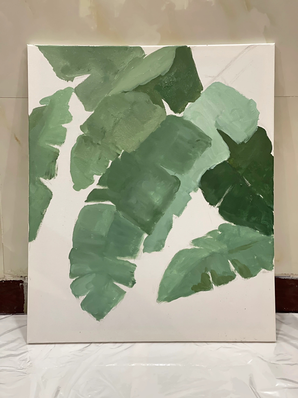 丙烯画芭蕉叶教程. 1.画出芭蕉叶大轮廓 2.铺大色.