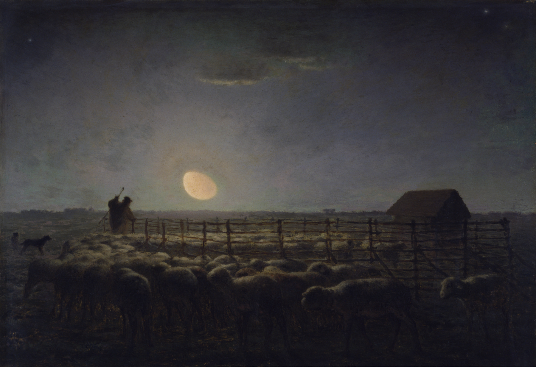 夜景油画:月光下的农场-米勒|美术作品