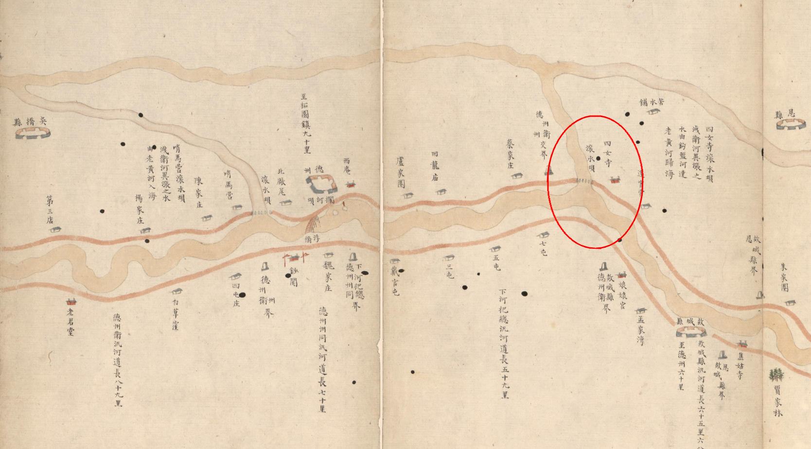 1855四省河水利泉源河道全图中四女寺及滚水坝