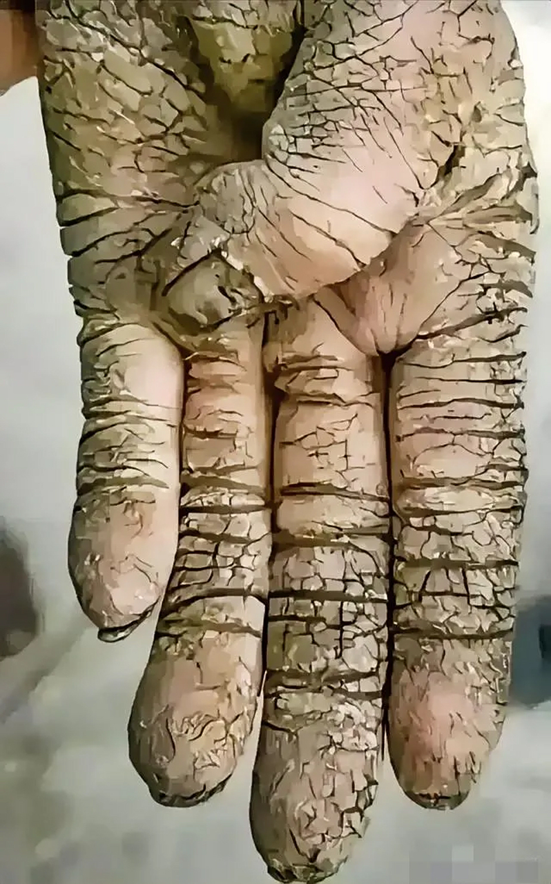 照片中是一位父亲的手,满手的龟裂和茧子,布满了洗不净的污泥,让人