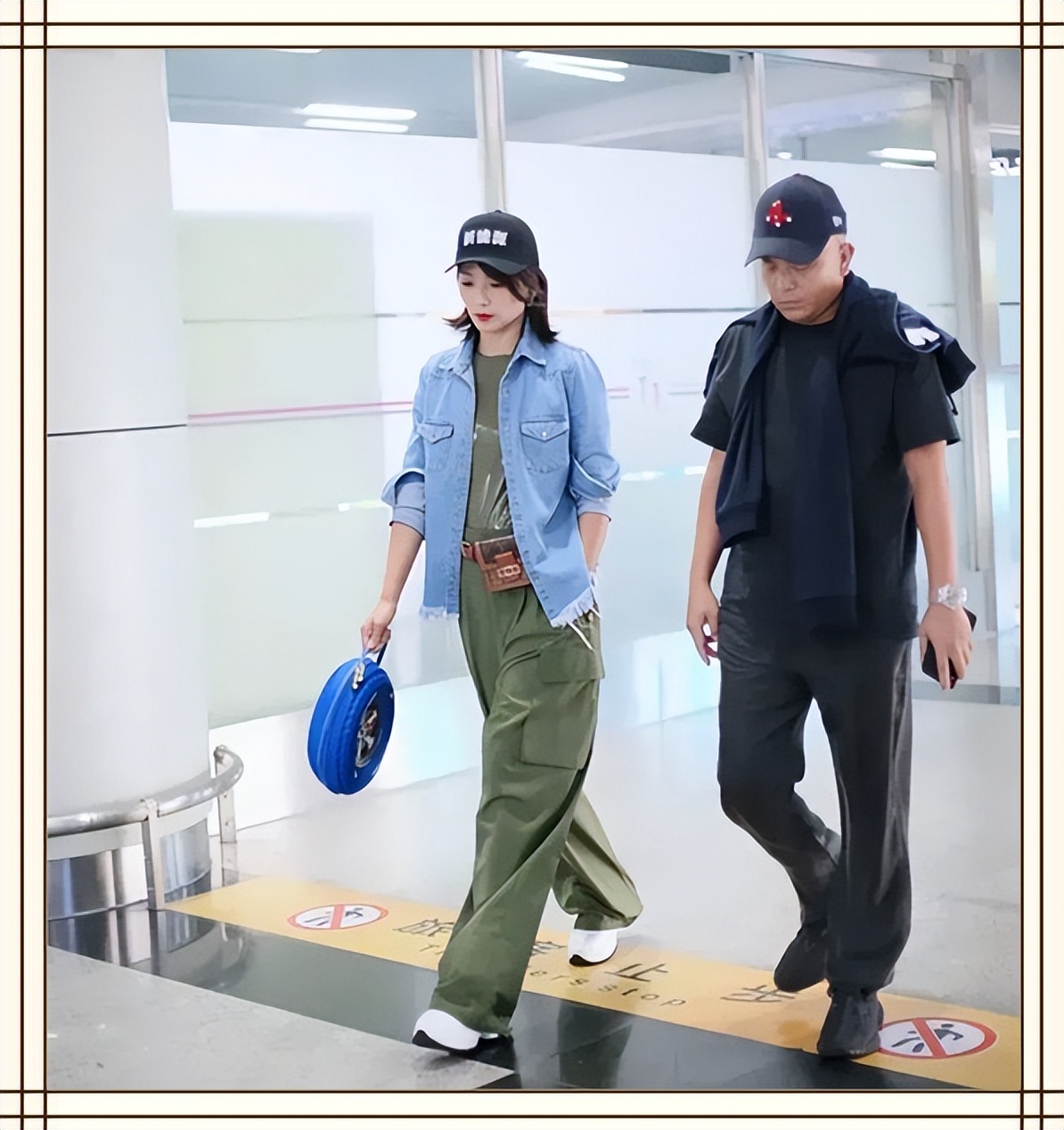 刘涛和老公走机场,复古工装风比老公还潮酷,王珂中年发福胖一圈