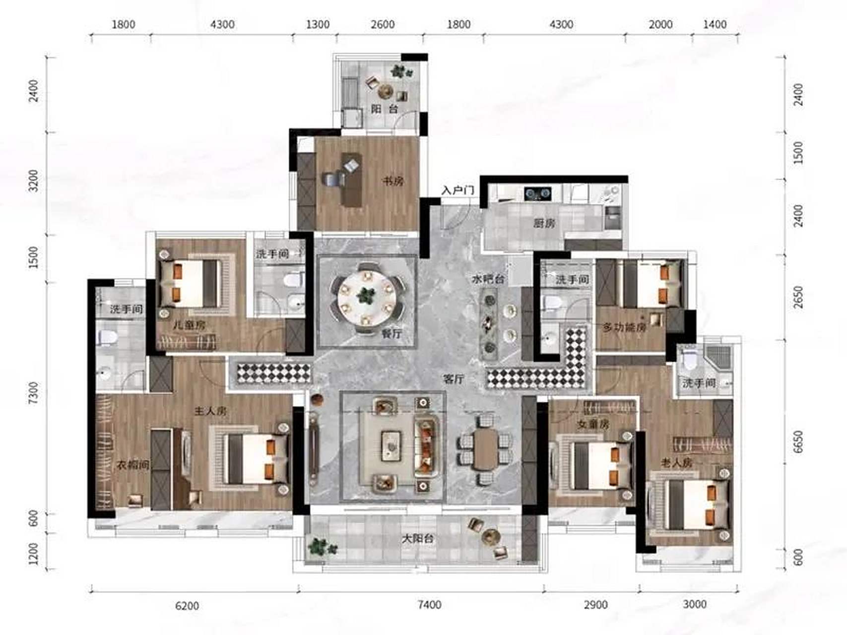 这样的240平米户型才适合三代同堂居住!卧室分处两端,互不干扰!