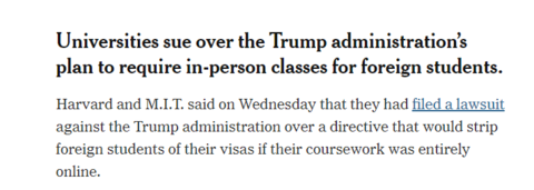 哈佛|在美留学生若只上网课或被要求离境，哈佛和麻省理工起诉美国政府