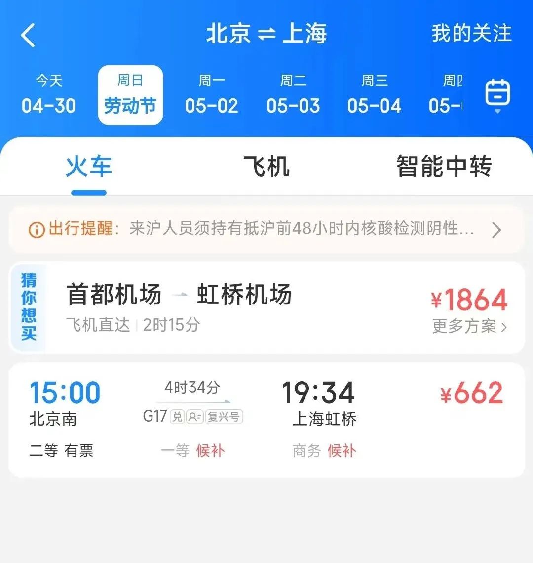 北京到上海,五一假期一天只有一趟高铁,一趟飞机