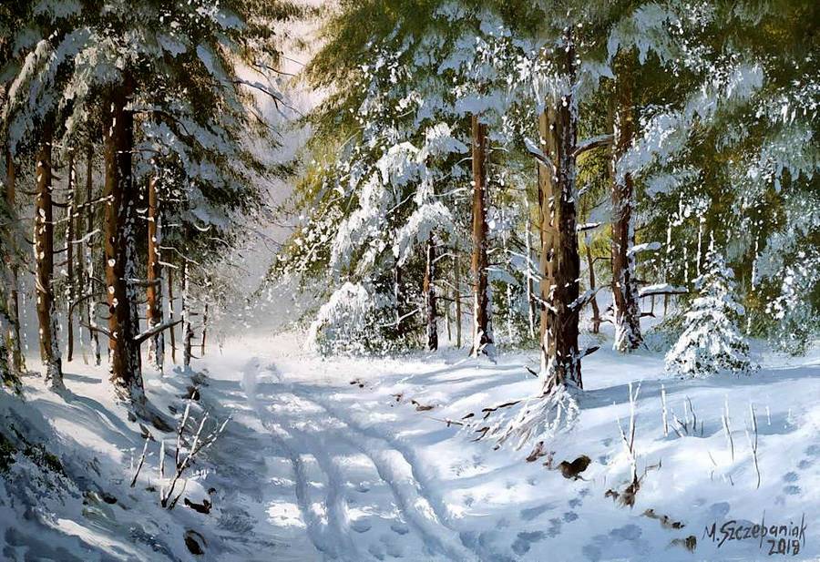 波兰冬季雪景森林风景油画︱马列克·什切帕尼亚克作品