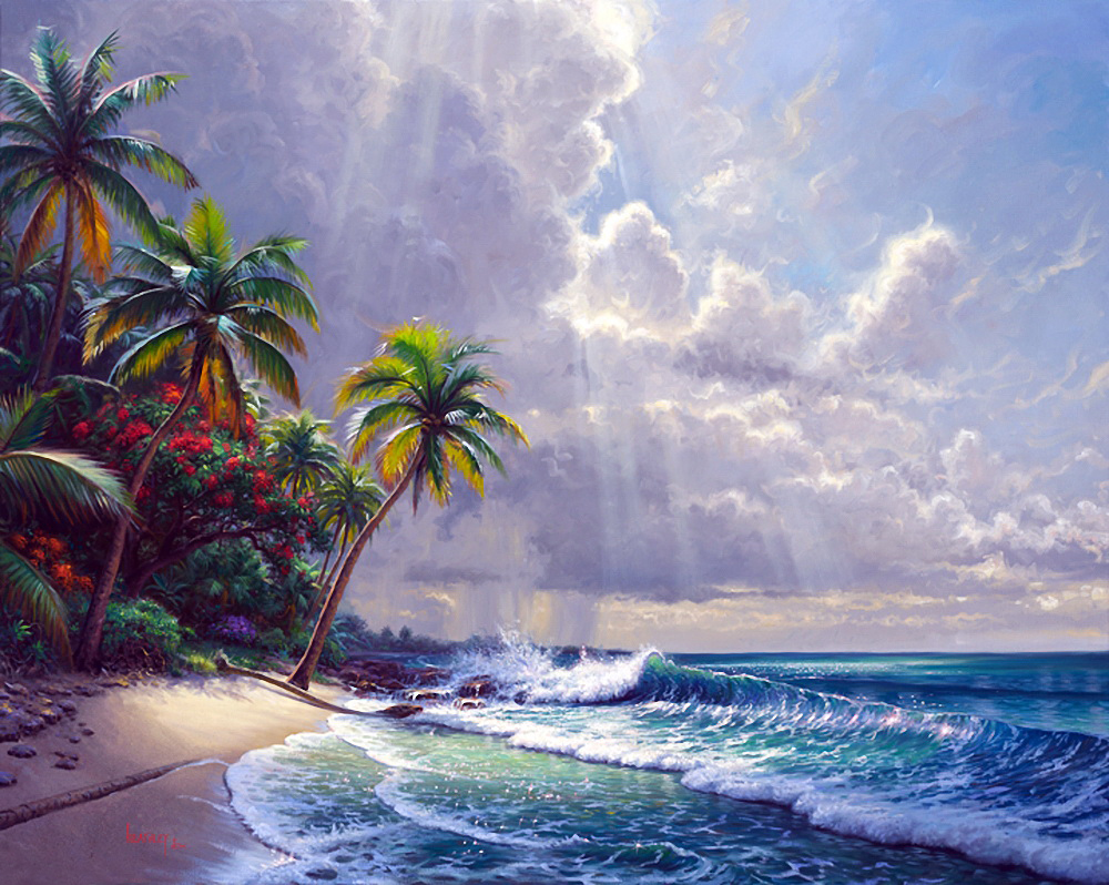 浪漫温馨的画面,美极了的日出日落海景油画