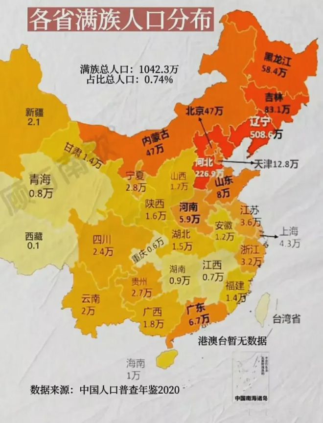 各省满族人口分布,超85%为"汉改满"