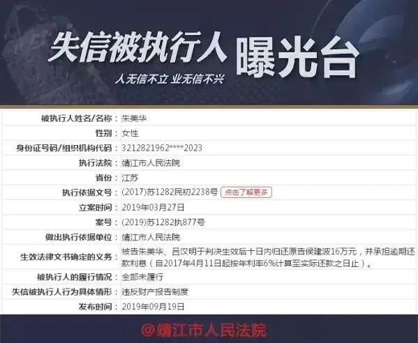 【执行曝光台】失信被执行人——朱美华