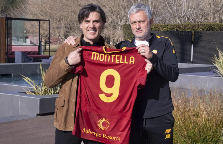 前罗马球员蒙特拉回到罗马,与穆帅合影;赞助商展示罗马新球衣