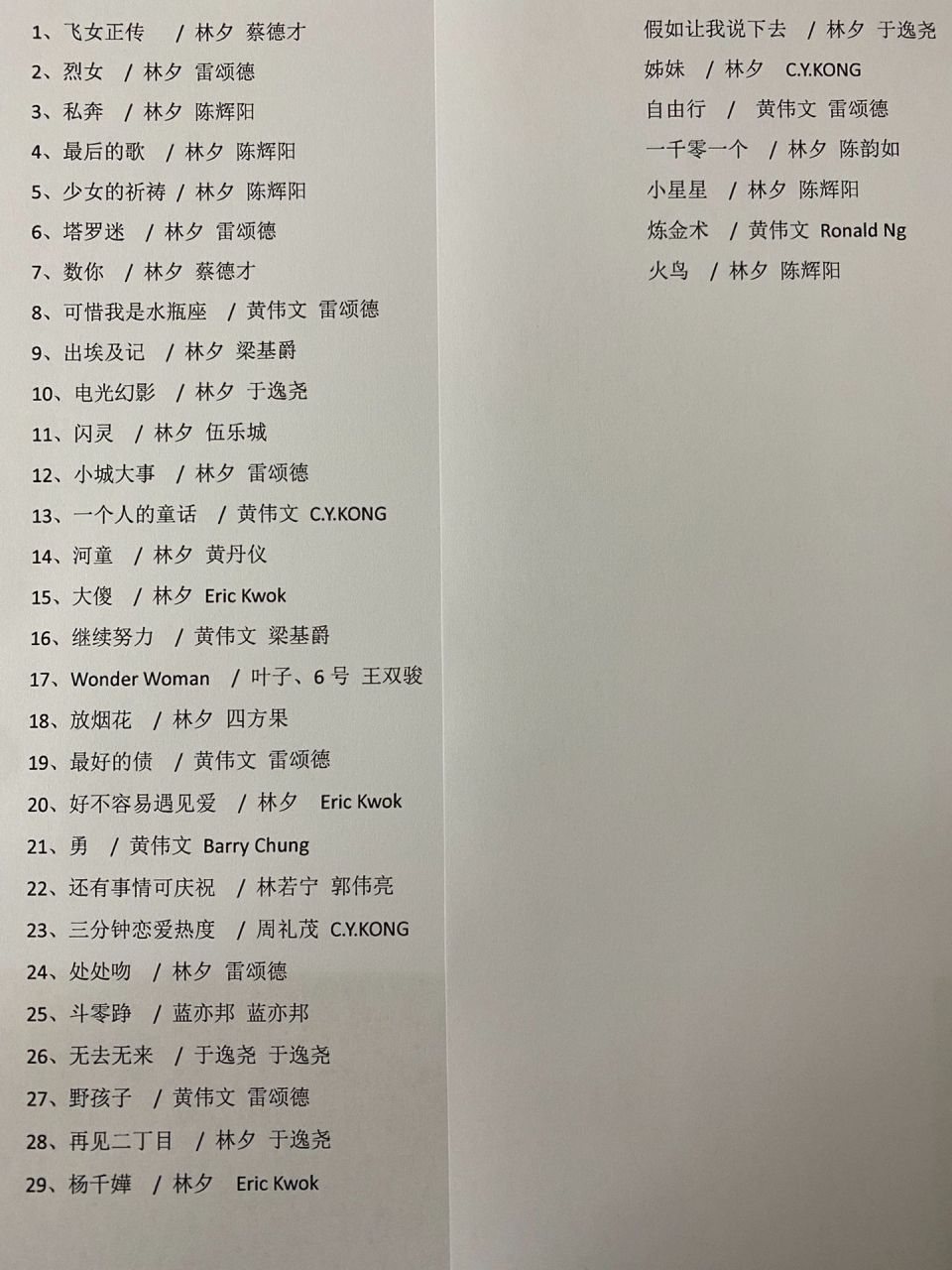 杨千嬅上海演唱会歌单功课 799听众一枚  两个伟文覆盖率这么高  依据