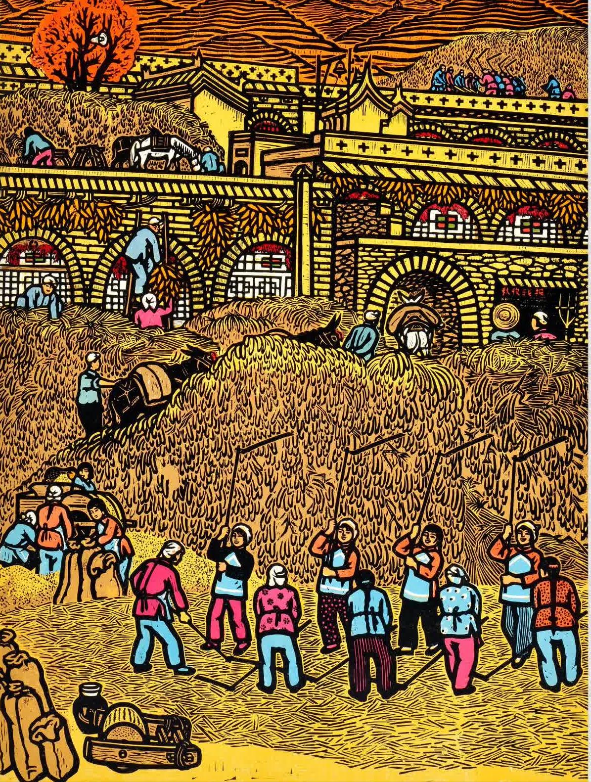 红色年代版画,公社歌手,大队喜添彩色电视机,陕南陕北是一家