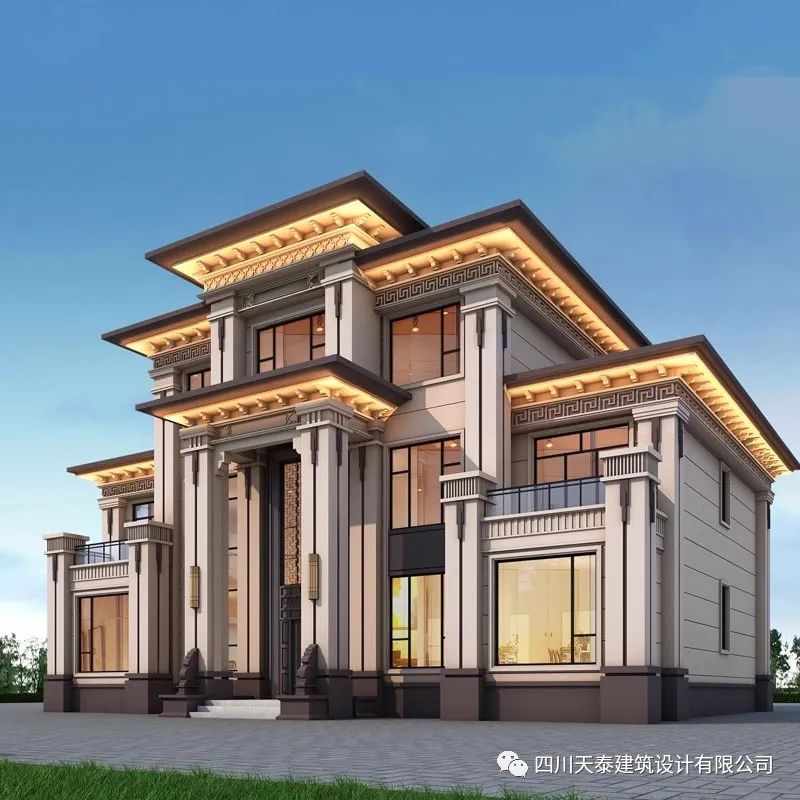 成都三层中式豪宅别墅,带挑空门厅设计,大面宽别墅,挑空客厅