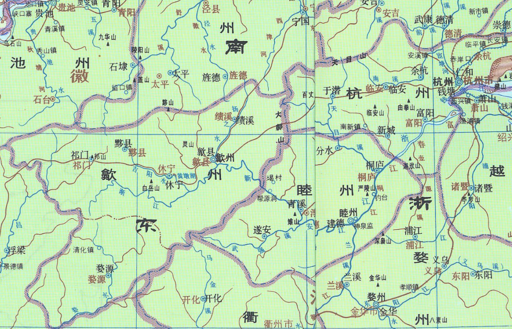 宋朝的睦州(因方腊之乱后改为严州)和歙州,杭州位置示意图