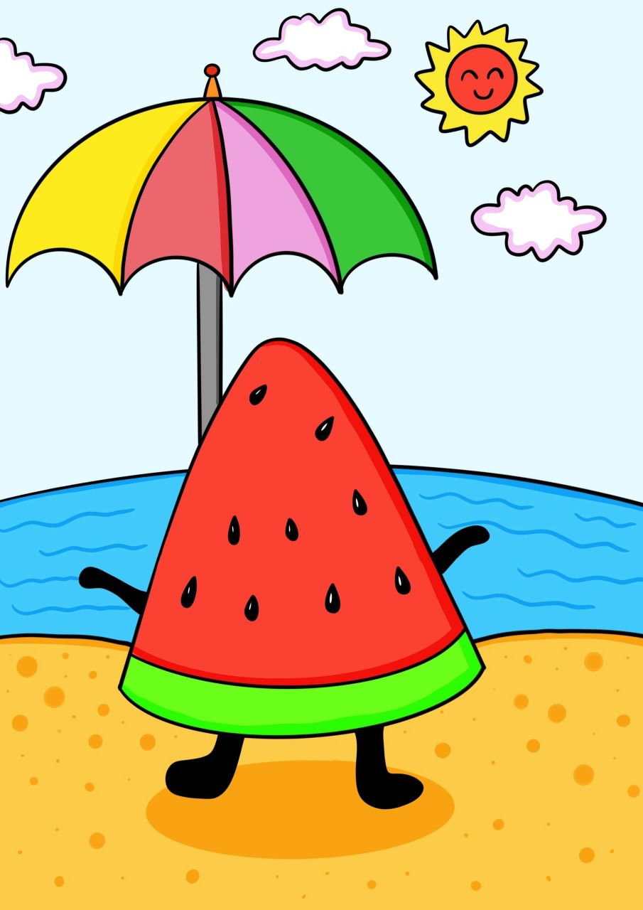 夏日儿童绘画合集 竖构图组合画西瓜海边 儿童画合集