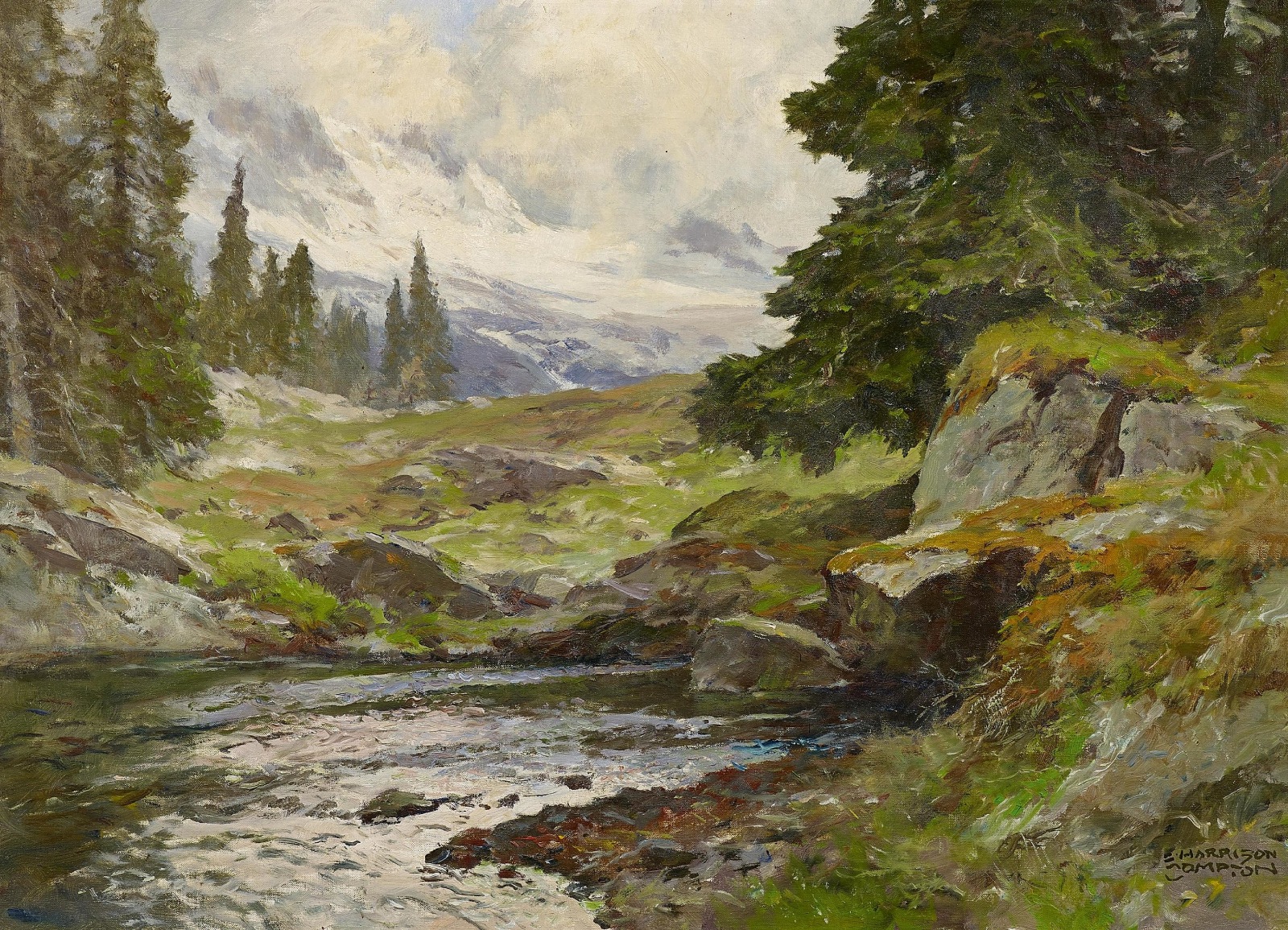 气势宏伟的山脉风景油画,却又能点缀出淡雅与柔和