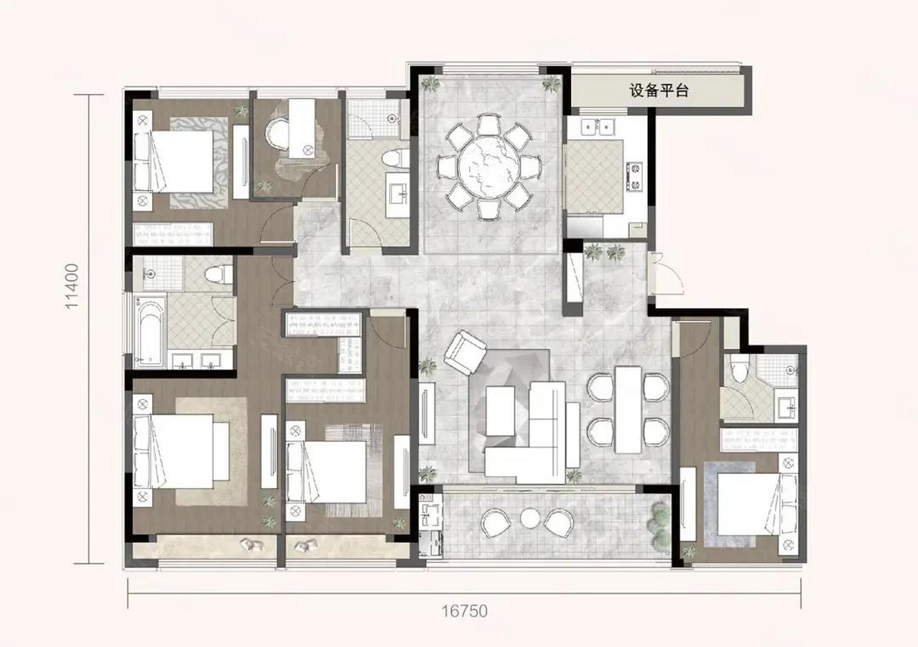 这个户型相当有设计感,门口有一个单独的玄关照壁,客厅采用了小横厅加
