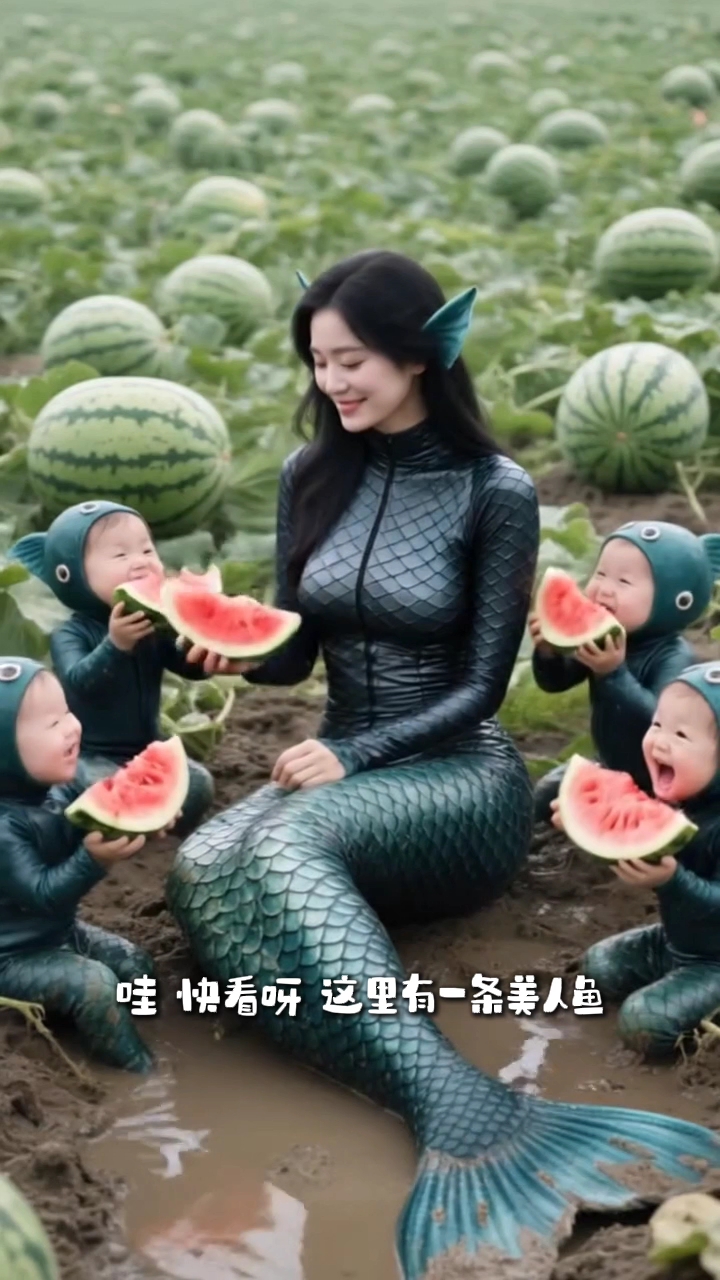 美人鱼带着小宝宝在西瓜地里吃西瓜