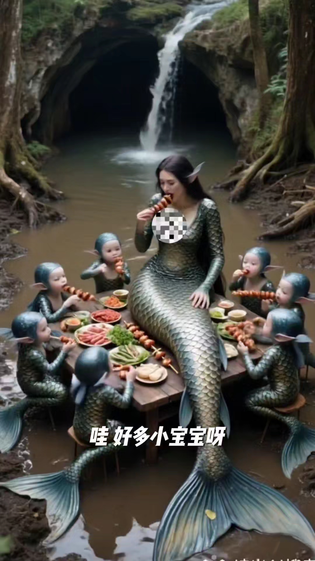 这美人鱼和小宝宝在吃美食