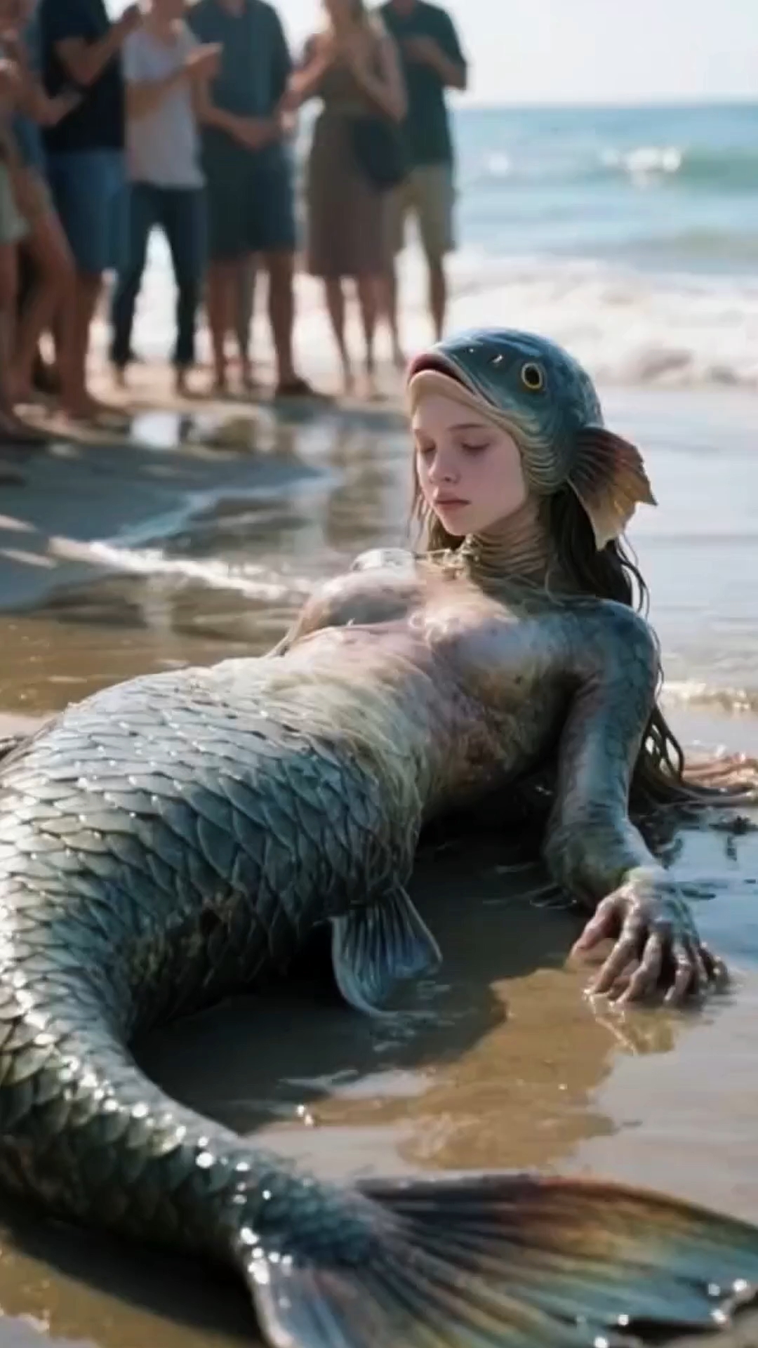 这美人鱼在沙滩上晒太阳了,人立马跑到了大海里