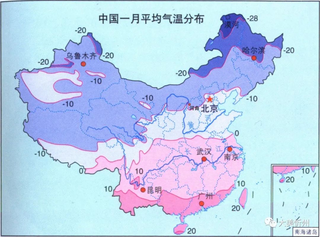 河曲在全国冬季平均气温分布图中的位置