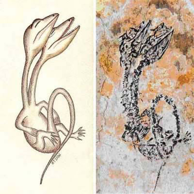 省义县,全世界唯一一具保存下来的两个头的脊椎动物(凌源潜龙)化石