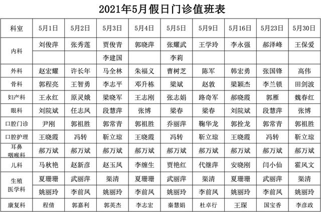 山西省汾陽醫院2021年5月假日門診值班表