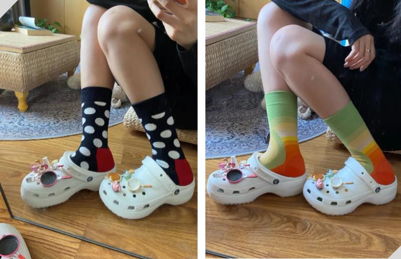 像这种透明款的洞洞鞋更是如此,变换个袜子的颜色就能立马get一双新