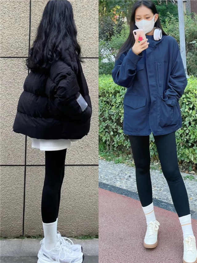 "鲨鱼裤 中袜 小白鞋"=冬天最美下半身穿搭,配大衣羽绒服都美