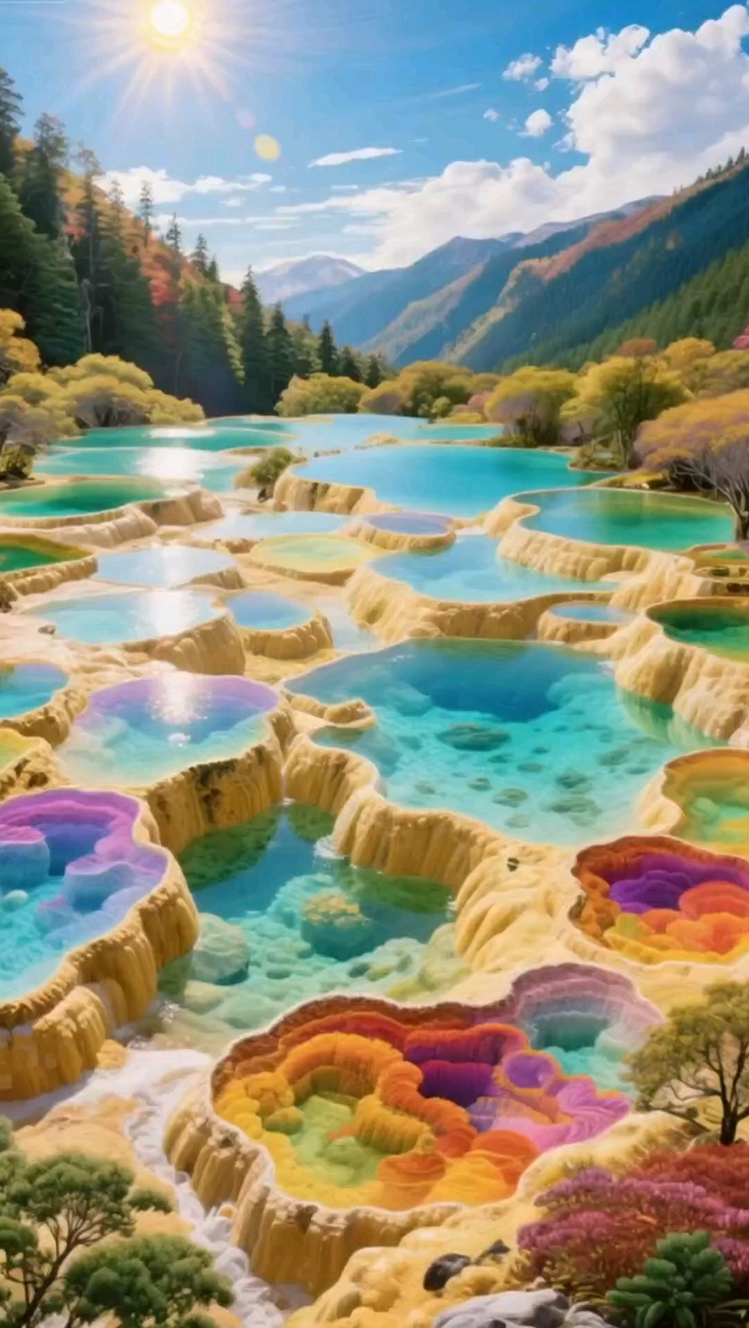 五彩池钙华沉积成天然的调色盘,仿佛大地在这里打翻了四季的颜料