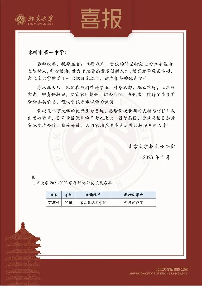 北京大学向林州一中发来喜报!