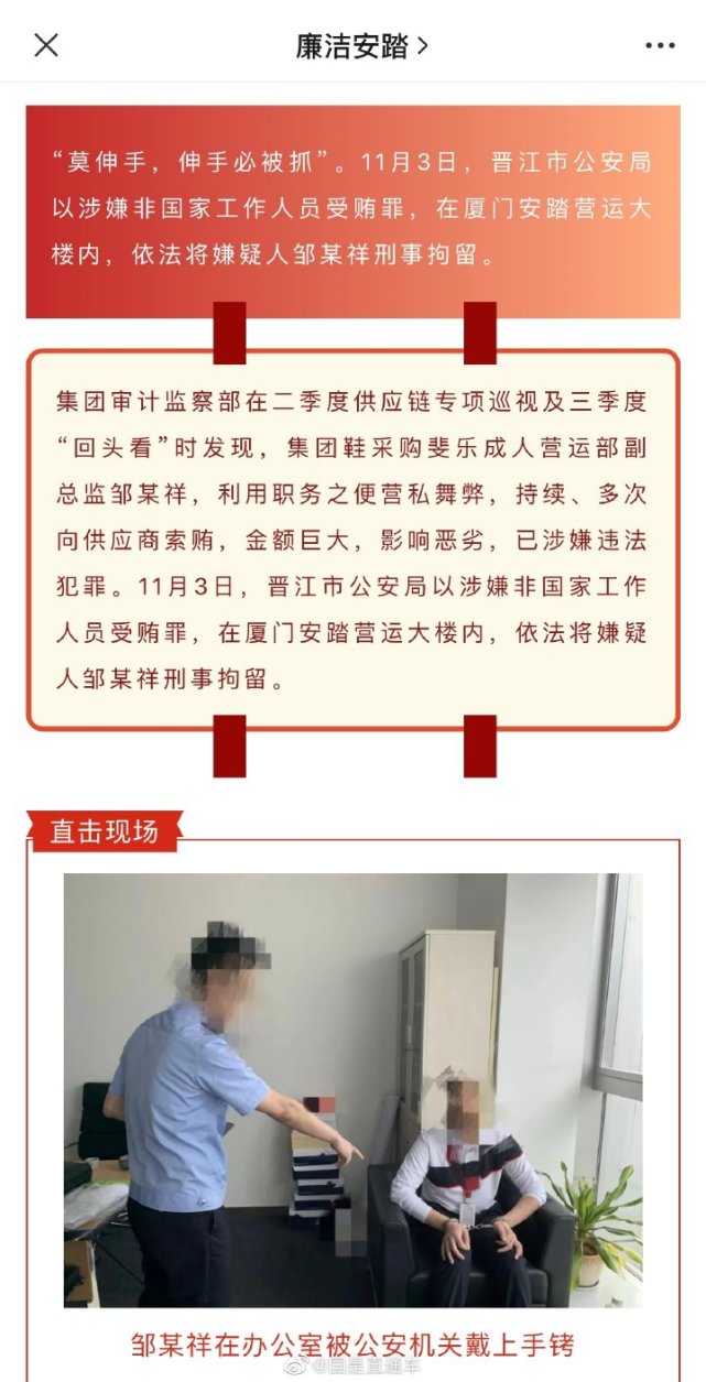 安踏鞋采购副总监邹某祥被刑拘:持续,多次索贿,金额巨大