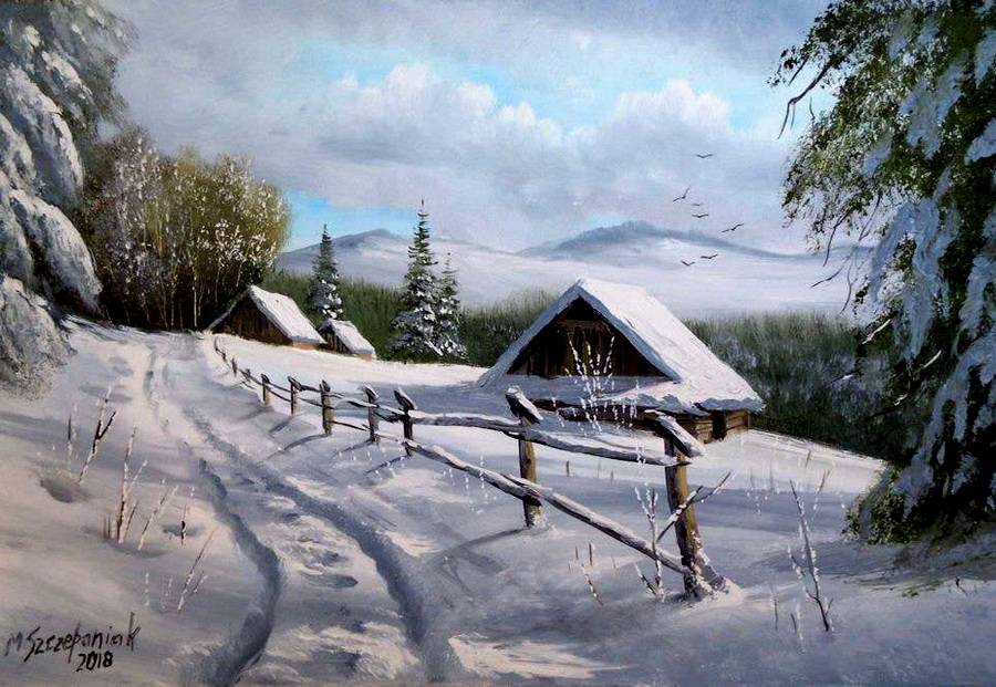 波兰冬季雪景森林风景油画︱马列克·什切帕尼亚克作品