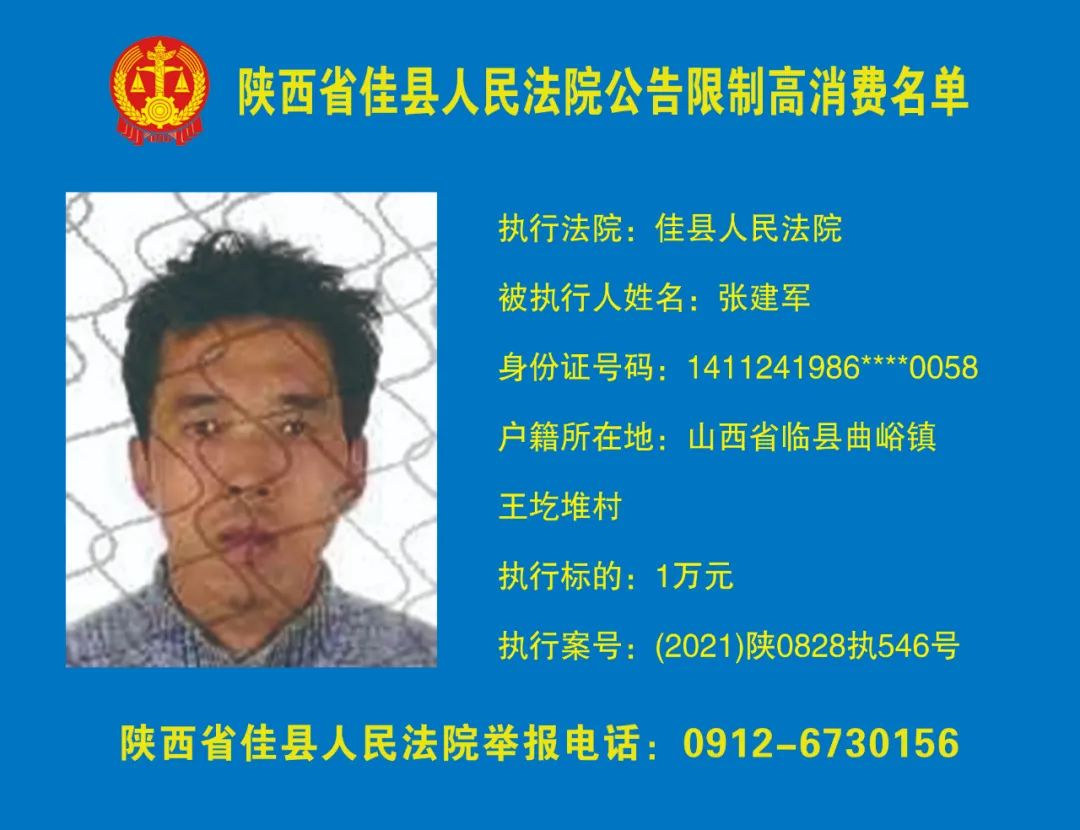 佳县人民法院公告2021年第八批限制高消费名单
