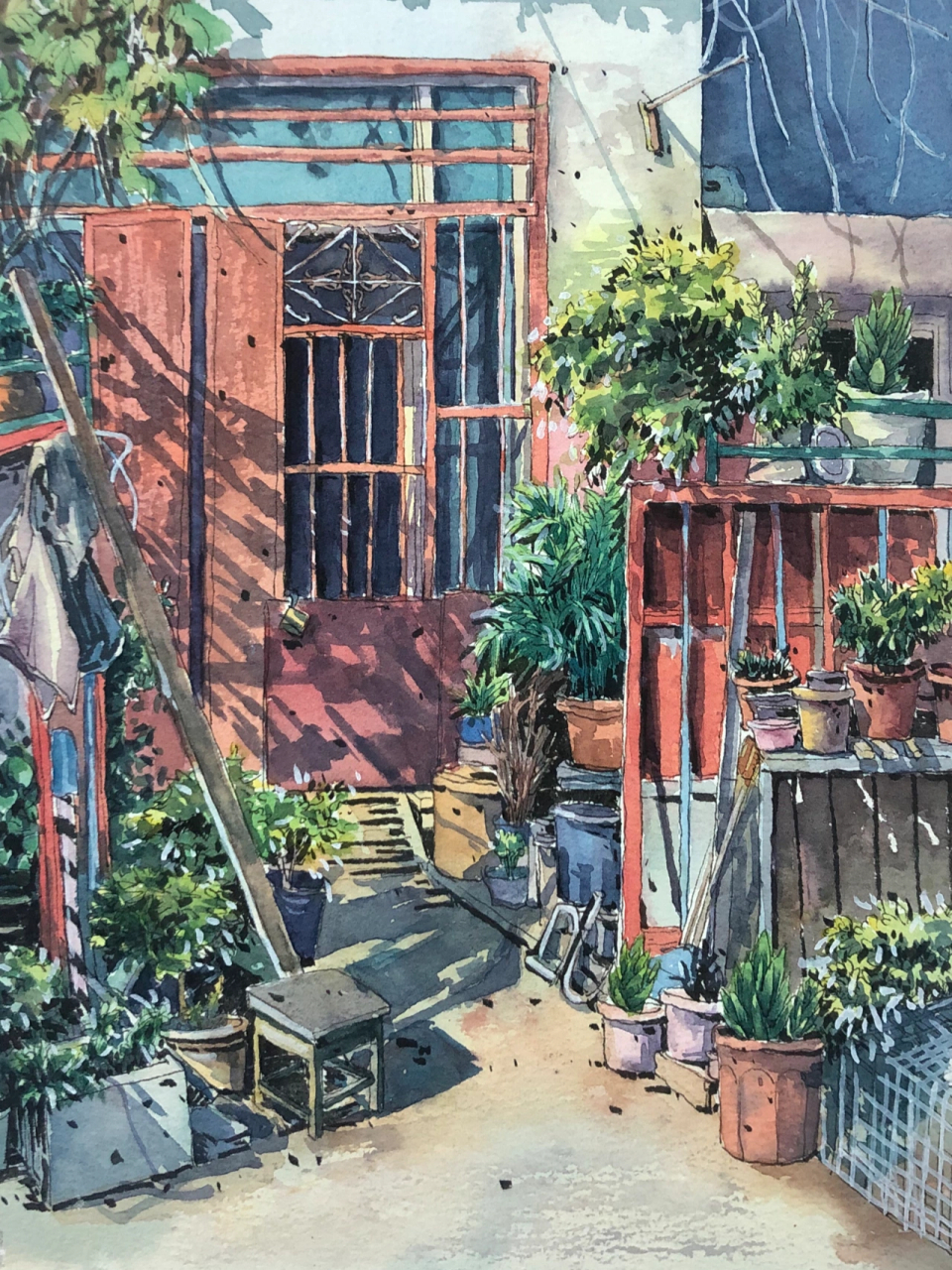 钢笔淡彩 水彩写生,浅浅夏日,家中院子的一角,闲来无事打发时间