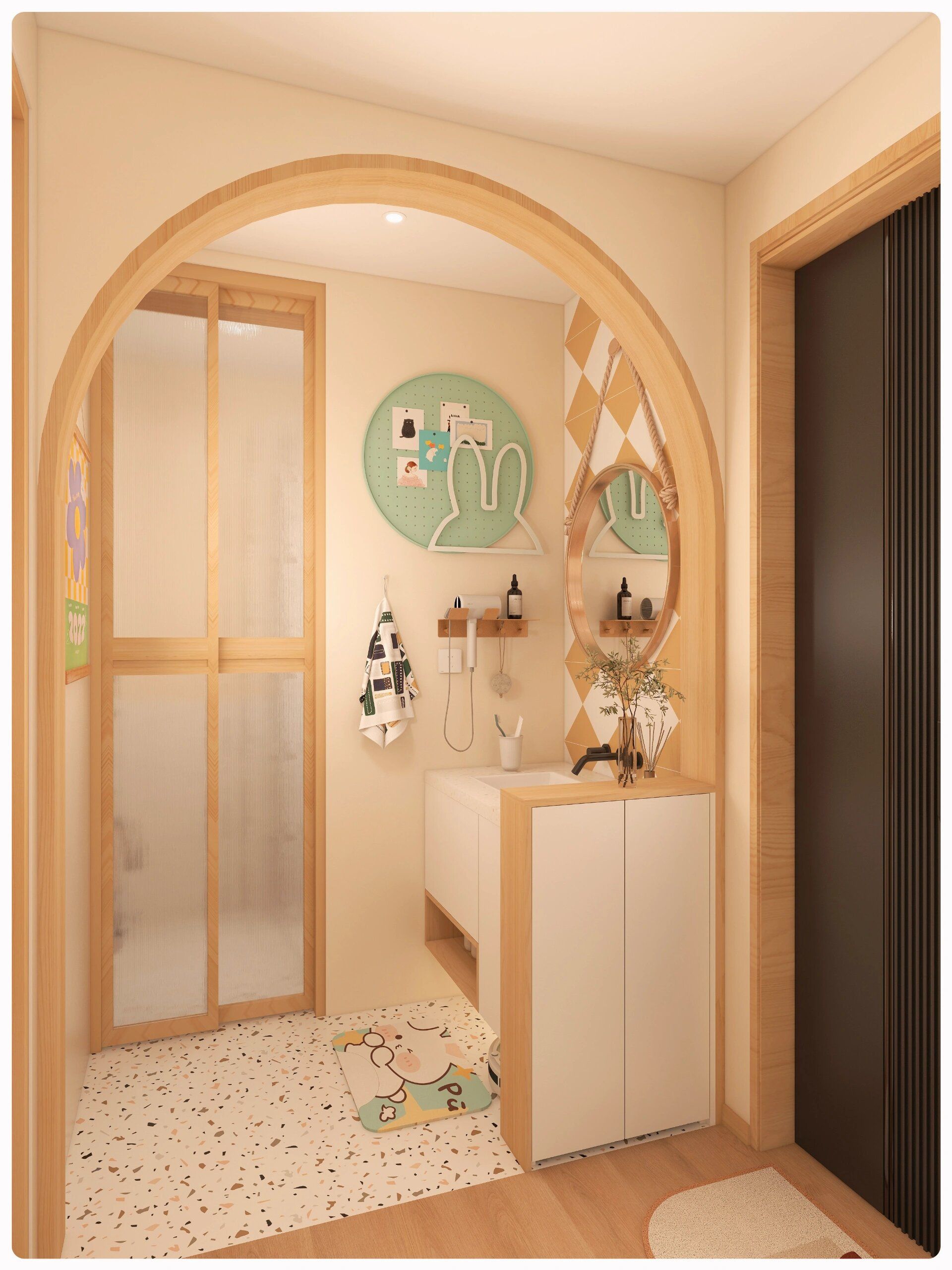 麻雀虽小~ 却也能拥有干湿分离的卫生间~ 拱形门洞加半墙真的超显 