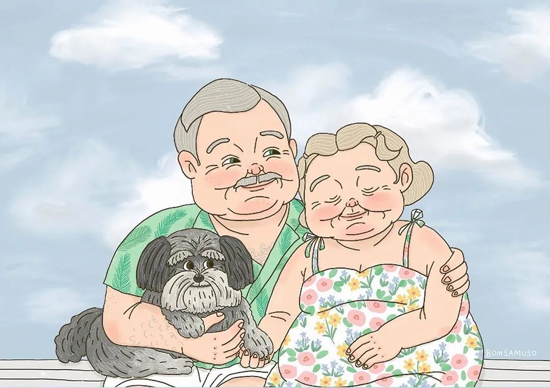 一对恩爱的老夫妻插画︱韩国插画师bomsamuso的作品