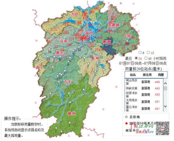 江西5个江河水情超警戒 彭泽县多地24小时雨量达400毫米以上