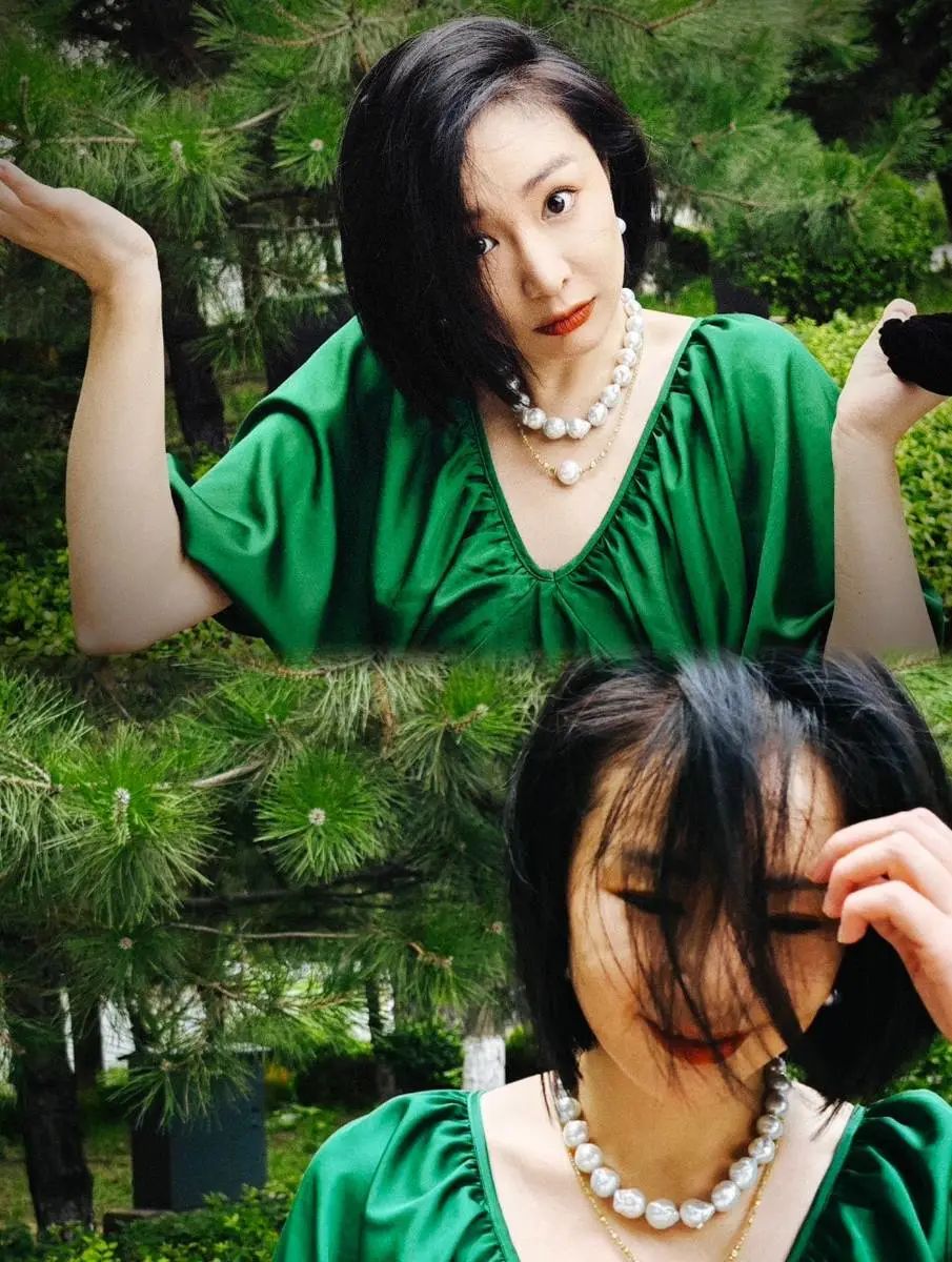 大嫂高叶的绿裙随拍展现时尚魅力,珍珠项链点亮完美气质