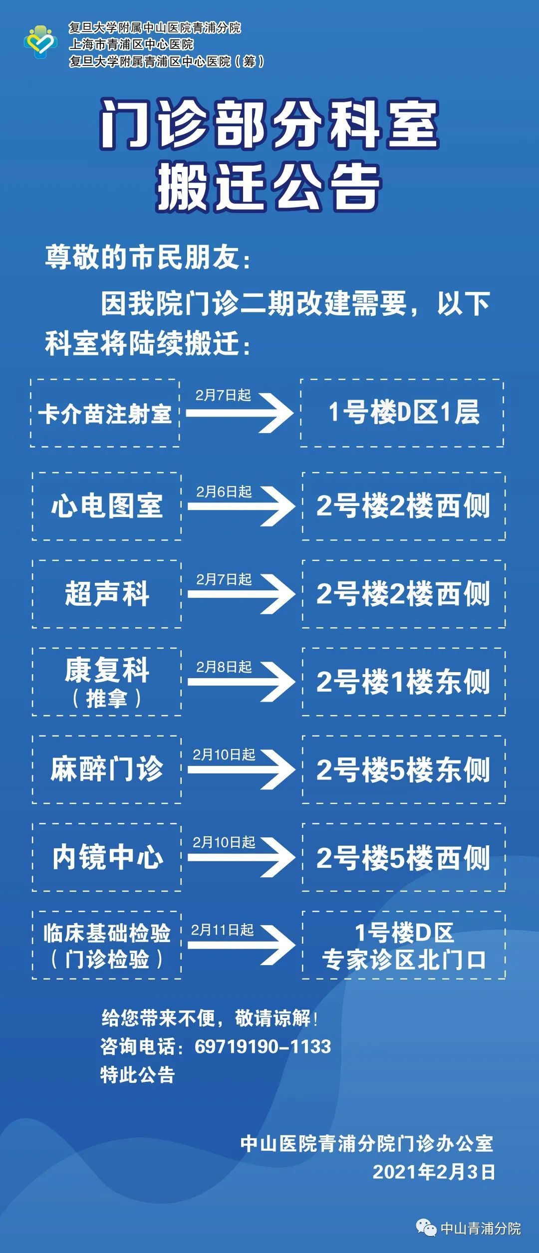 中山青浦分院门诊部分科室搬迁通知