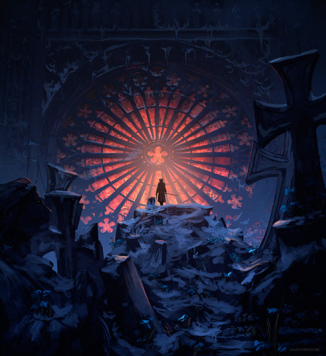 玄幻风格的大场景插画,突出了个人英雄的悲剧气质