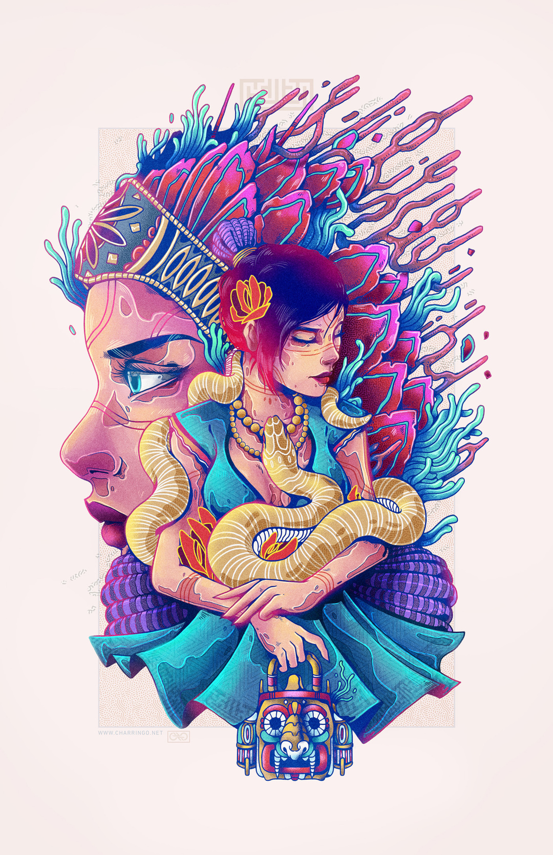 个性人物绘画作品,荧光色彩搭配怪诞的画风