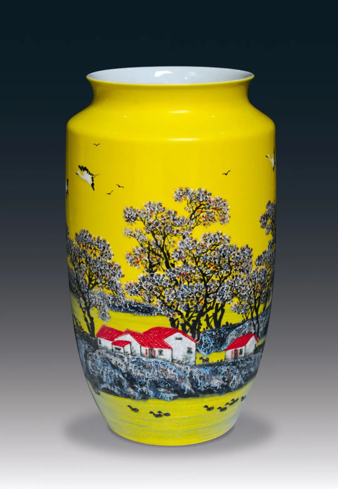 【宁勤征《醉美秋色》高温皇家黄颜色釉堆画山水瓶 41cm×25cm