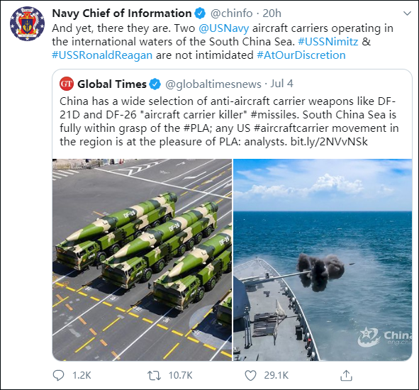 热点美海军叫板《环球时报》：不会被中国弹道导弹吓倒