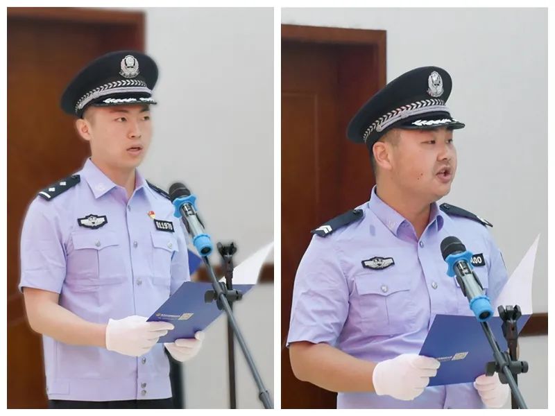 刑侦大队民警阳欢,高桥派出所辅警李枭雄代表新党员发言