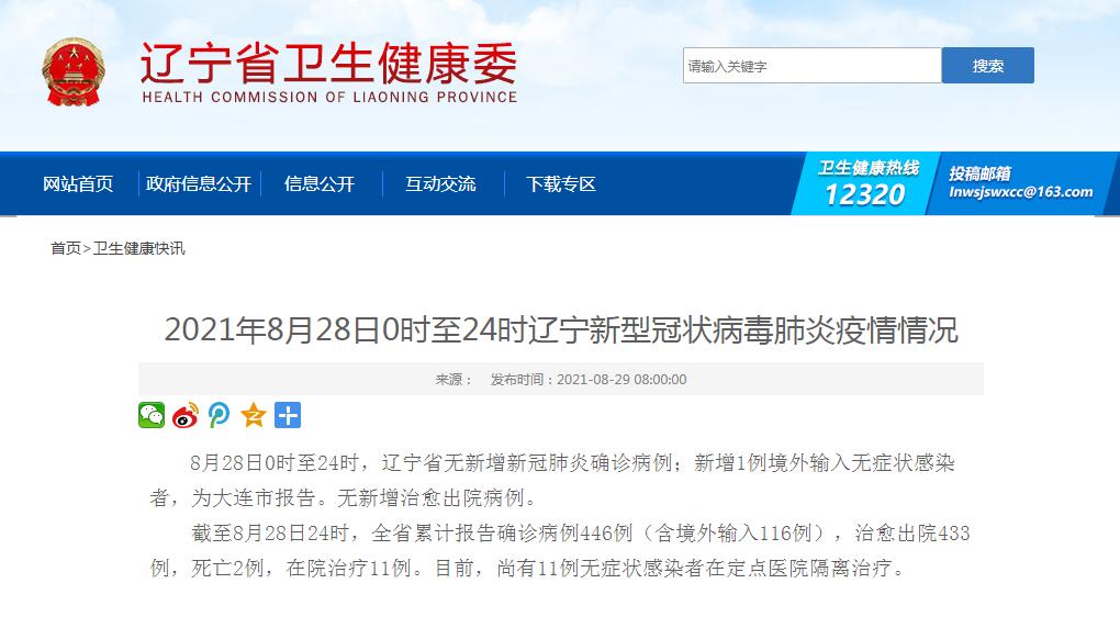 2021年8月28日0时至24时辽宁新型冠状病毒肺炎疫情情况