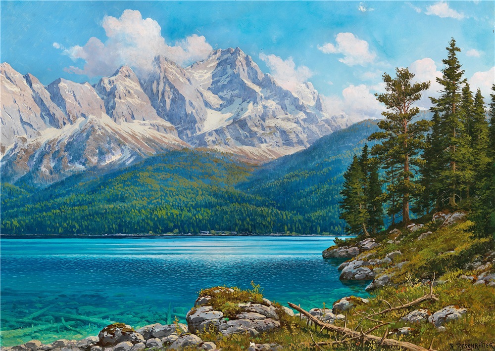 气势宏伟的山脉风景油画︱德国艺术家鲁道夫 · 雷施瑞瑟作品