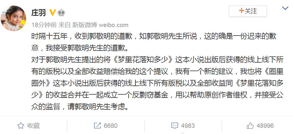 庄羽接受郭敬明道歉:建议将赔偿收益成立反剽窃基金