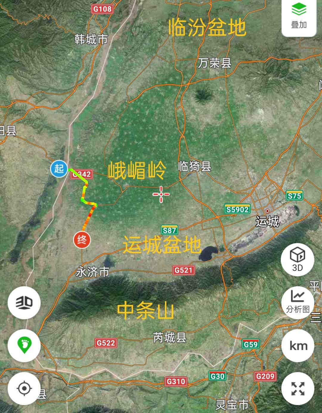 翻越了"峨嵋岭"一角,自上而下到了晋西南的"运城盆地",紧贴着永济市的