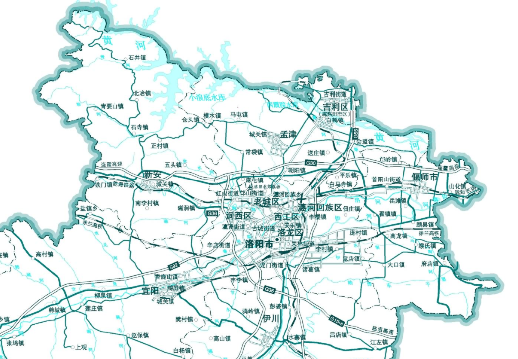 2021年之前的洛阳市部分地图,洛阳市区和吉利区仍然被孟津县分割