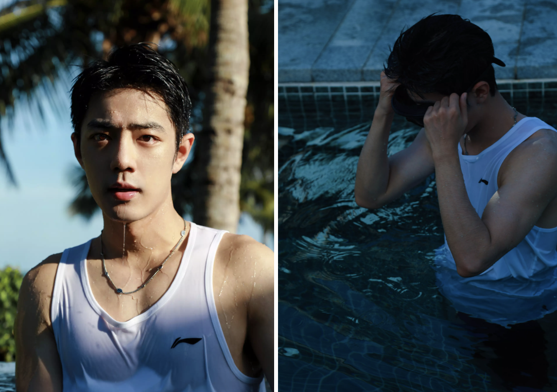 肖战当代言人自觉性好高:泳池大片大秀好身材,白t的logo是亮点